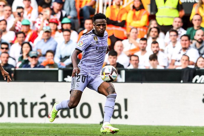 Vinicius Junior of Real Madrid in action during the spanish league, La Liga Santander, football match played between Valencia CF and Real Madrid at Mestalla stadium on May 21, 2023, in Valencia, Spain.