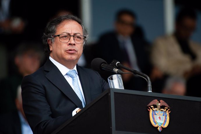 May 9, 2023, Bogota, Cundinamarca, Colombia: Colombia's president Gustavo Petro gives a speach during the ceremony of the new Colombian Police Director William Rene Salamanca at the General Santander Police Academy in Bogota, Colombia. May 9, 2023.
