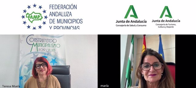 La secretaria general de la FAMP, Teresa Muela, y la directora general de Sistemas y Valores del Deporte de la Consejería de Turismo, María de Nova Pozuelo, este lunes en un webinar.