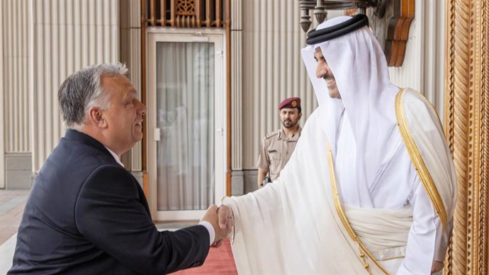 May 22, 2023, Doha, Qatar: Emir of Qatar TAMIM BIN HAMAD AL THANI (right) receives VIKTOR ORBAN, Prime Minister of Hungary. Invited by the Emir, the Hungarian head of government is expected to deliver a speech at the host country's Economic Forum.