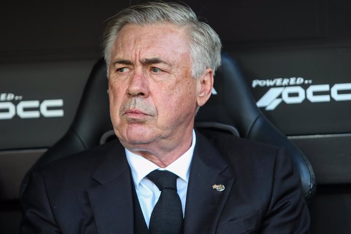 Carlo Ancelotti, head coach of Real Madrid, looks on during the spanish league, La Liga Santander, football match played between Valencia CF and Real Madrid at Mestalla stadium on May 21, 2023, in Valencia, Spain.