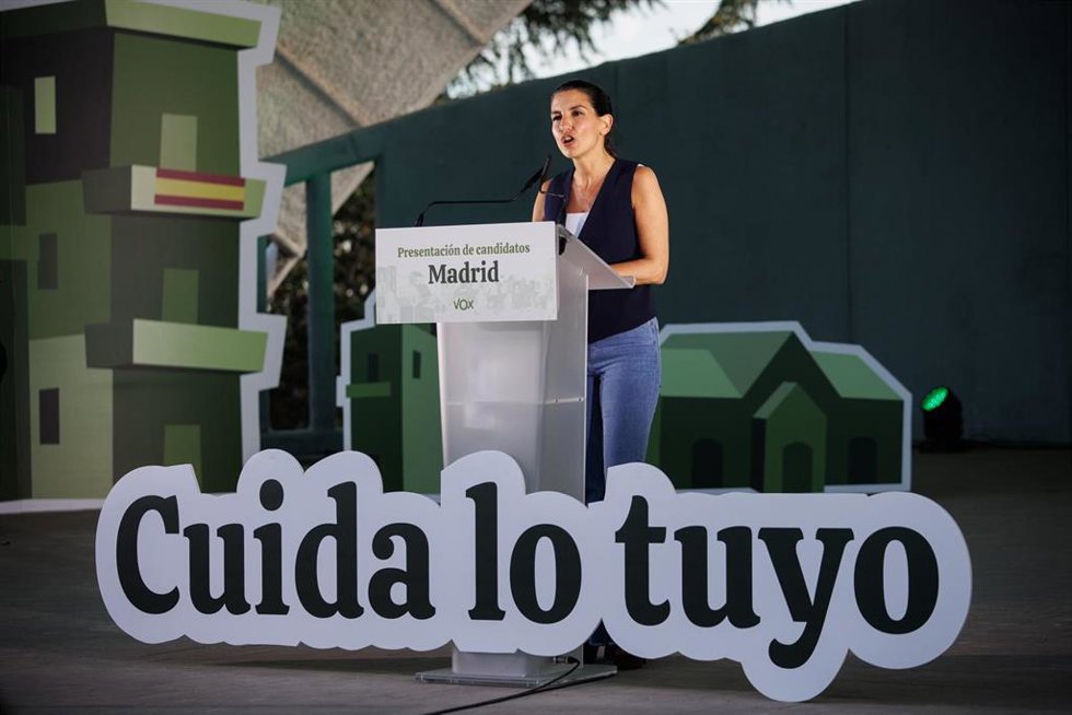 La candidata de VOX a la Presidencia de la Comunidad de Madrid, Rocío Monasterio, durante un acto de precampaña de Vox, en el Auditorio Pilar García Peña, a 5 de mayo de 2023, en Madrid (España). Durante este acto se han presentado a los candidatos del 
