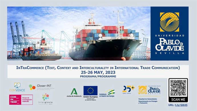 Cartel anunciador del congreso sobre traducción e interpretación en el ámbito del comercio internacional que acoge la Universidad Pablo de Olavide.