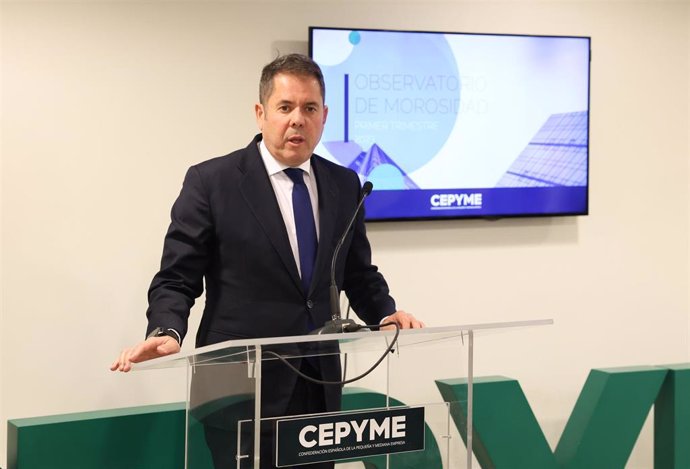 El presidente de Cepyme, Gerardo Cuerva, presenta los resultados del Observatorio de Morosidad correspondientes al primer trimestre del año, en la sede de Cepyme, a 23 de mayo de 2023, en Madrid (España).