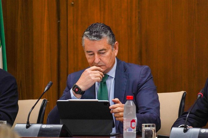 El consejero Presidencia, Interior, Diálogo Social y Simplificación Administrativa, Antonio Sanz,  durante el transcurso de la comisión a 23 de mayo de 2023 en Sevilla, (Andalucía, España). El consejero de Presidencia, Interior, Diálogo Social y Simplif