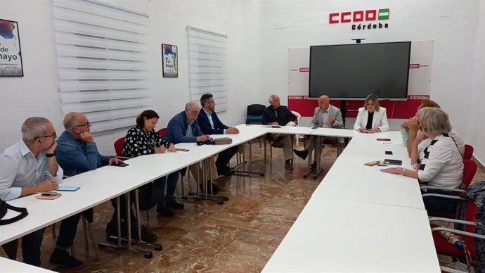Hurtado (al fondo, centro), en su reunión con la Federación de Pensionistas y Jubilados de CCOO Córdoba.