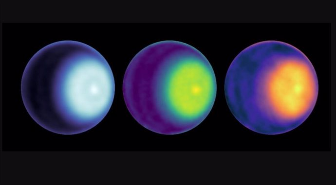 Los científicos de la NASA utilizaron observaciones de microondas para detectar el primer ciclón polar en Urano, visto aquí como un punto de color claro a la derecha del centro en cada imagen del planeta.