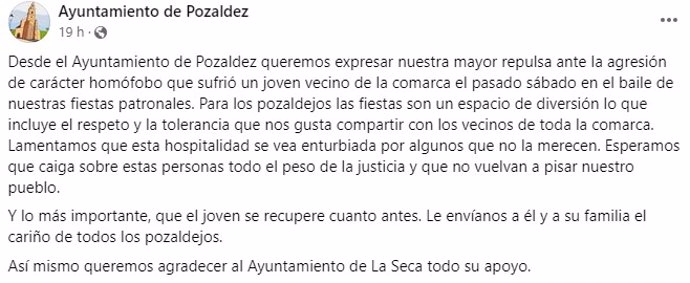 El Ayuntamiento de Pozaldez (Valladolid) lamenta la agresión "homófoba" a un joven en sus fiestas patronales