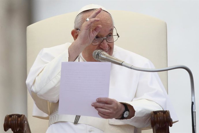 10 May 2023, Vatican, Vatican City: Pope Francis speaks at the Wednesday General Audience in St. Peter's Square at the Vatican. Pope Tawadros II, head of the Coptic Orthodox Churches, took the stage with Pope Francis at the Vatican to celebrate the Day 
