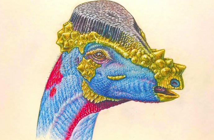 La representación de un artista de una especie de paquicefalosaurio recién descrita que se denominó Platytholus clemensi