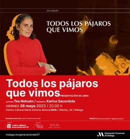 Cartel de la presentación del libro 'Todos los pájaros que vimos', de Tes Nehuén, que va a tener lugar este viernes 26 de mayo en el centro cultural María Victoria Atencia, MVA, de la capital.