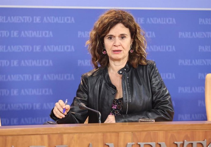 La portavoz adjunta de Por Andalucía, Esperanza Gómez, este miércoles en rueda de prensa en el Parlamento.