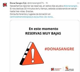 Captura del tuit publicado por @donasangreCYL en el que llama a donar sangre de los grupos deificitarios