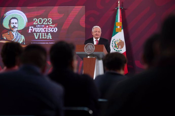 HANDOUT - 08 May 2023, Mexico, Mexico City: Mexican President Andres Manuel Lopez Obrador speaks during his morning press conference. Photo: -/Presidencia AMLO/dpa - ATENCIÓN: Sólo para uso editorial y mencionando el crédito completo