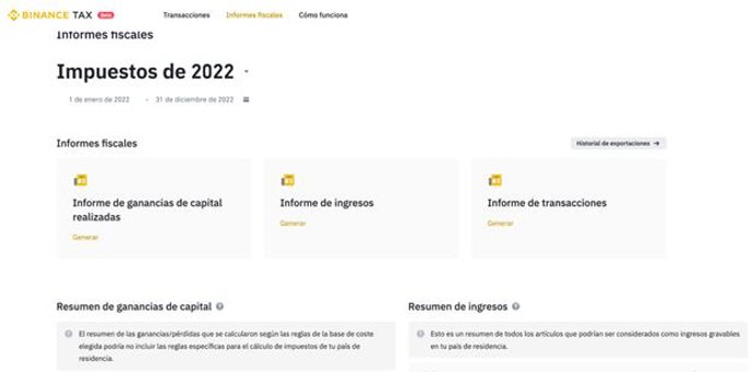 Plataforma de Binance Tax.