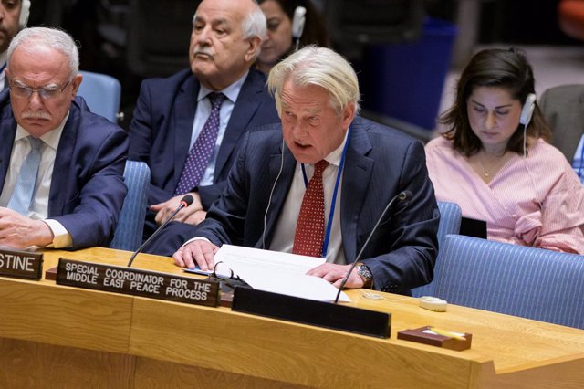 UNITED NATIONS, April 25, 2023  -- UN Special Coordinator for the Middle East Peace Process Tor Wennesland (R, Front) speaks at a Security Council open debate at the UN headquarters in New York, on April 25, 2023. Wennesland said on Tuesday that the curre
