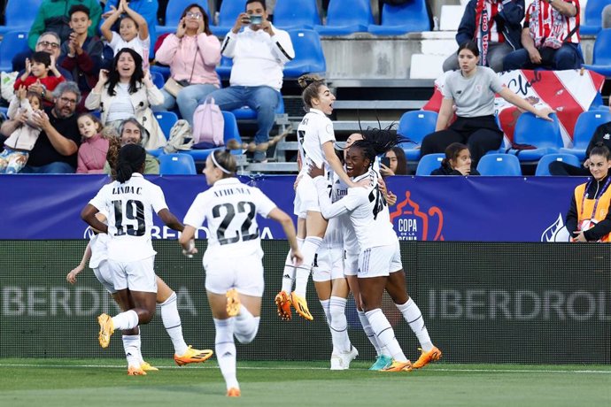 Caroline Weir of Real Madrid celebrates a goal during the Spanish Women Cup, Copa de la Reina, Semi Final 2 football match played between Real Madrid and Athletic Club de Bilbao at Municipal de Butarque stadium on May 24, 2023, in Leganes, Madrid, Spain.