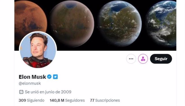 Perfil de Elon Musk con el número de suscriptores