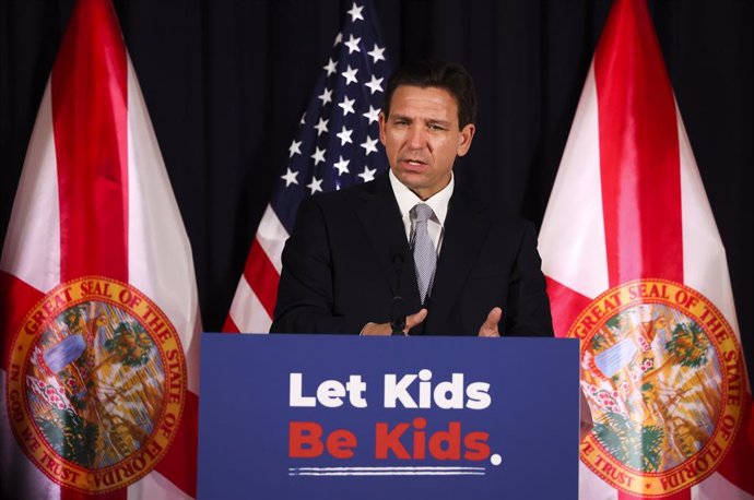 May 17, 2023, Tampa, Florida, USA: Florida Governor Ron DeSantis address the audience on stage during a press conference at Cambridge Christian School, 6101 North Habana Avenue, on Wednesday, May 17, 2023 in Tampa.