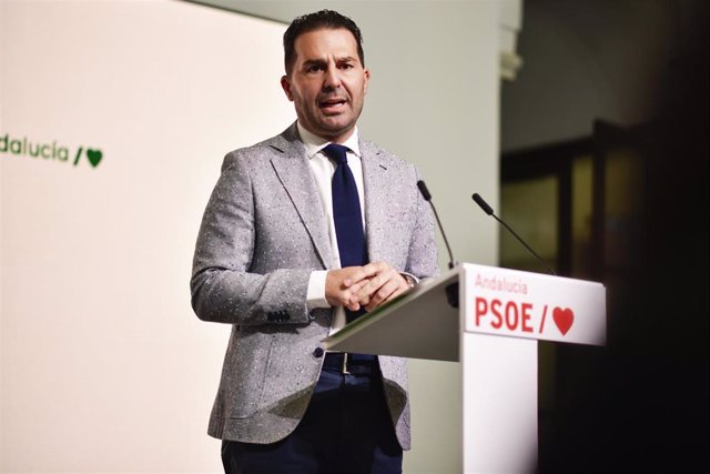 Archivo - El secretario de Organización del PSOE-A, Noel López, en rueda de prensa en una foto de archivo.
