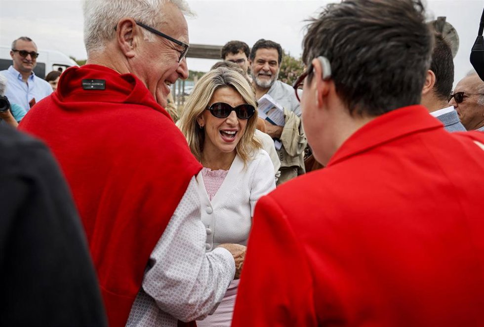 La vicepresidenta segunda del Gobierno y líder de Sumar, Yolanda Díaz, este jueves junto al alcalde de Valncia y candidato de Compromís a la reelección, Joan Ribó, y la candidata de Unides Podem-EUPV a la Alcaldía de la ciudad, Pilar Lima.