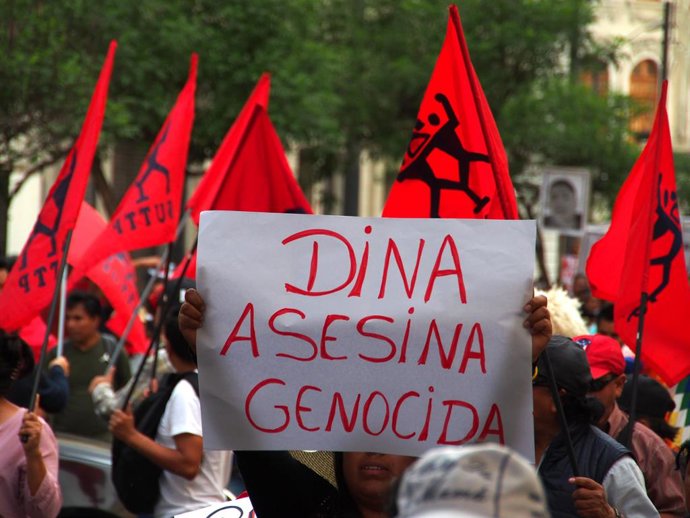 Archivo - January 12, 2023, Lima, Lima, Peru: ''Dina Assassin Genocidal'' can be read on a banner when thousands of demonstrators once again take to the streets of Lima, calling for the resignation of President Dina Boluarte and protesting against polic