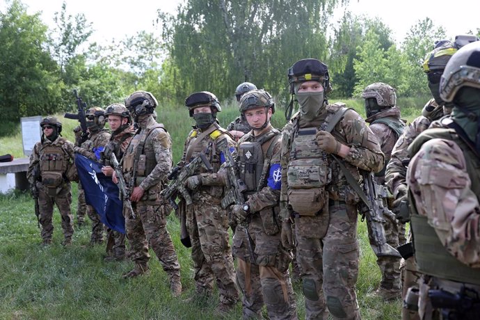 May 24, 2023, Ukraine: Representatives of the Liberty of Russia Legion and the Russian Volunteer Corps (RDK) hold a briefing near the border in northern Ukraine.