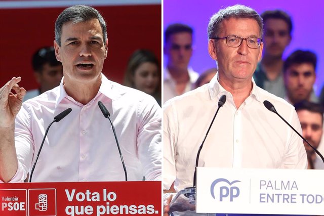 El presidente del Gobierno y líder del PSOE, Pedro Sánchez, y el líder del PP, Alberto Núñez Feijóo, durante sendos actos de campaña