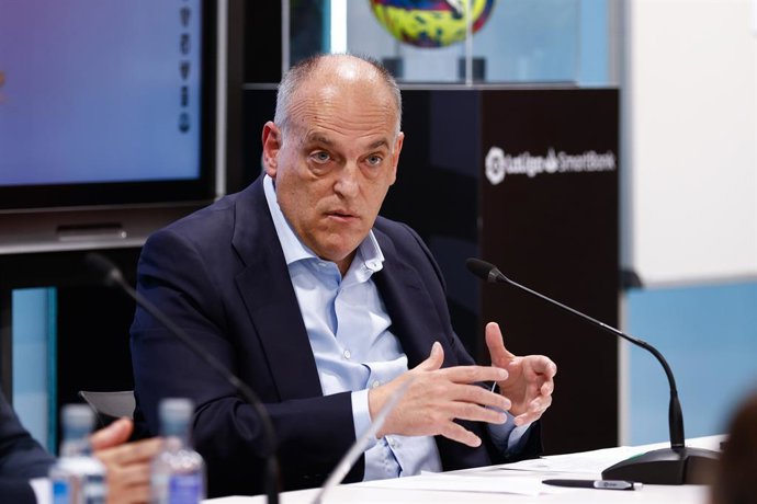 Javier Tebas, President of LaLiga, attends his press conference at headquarters of LaLiga on May 25, 2023, in Madrid, Spain.