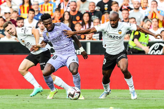 Vinicius Junior of Real Madrid in action during the spanish league, La Liga Santander, football match played between Valencia CF and Real Madrid at Mestalla stadium on May 21, 2023, in Valencia, Spain.