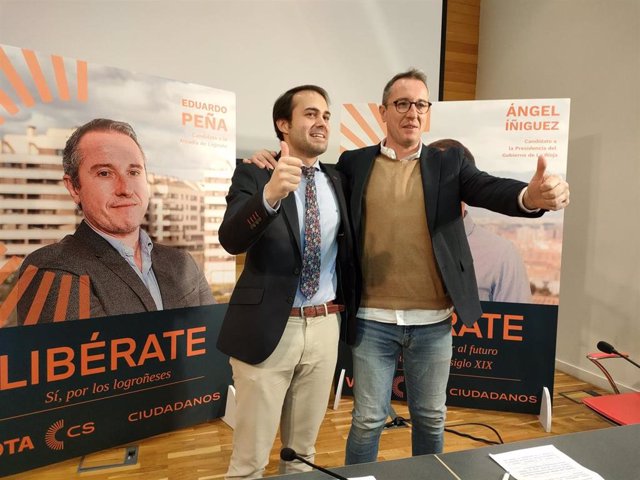 Los candidatos de Cs a la presidencia del Gobierno de La Rioja y al Ayuntamiento de Logroño, Ángel Íñiguez y Eduardo Peña, respectivamente, en el balance de campaña electoral