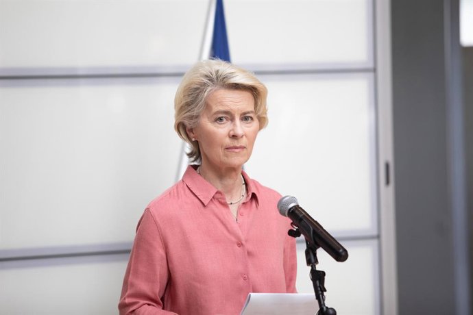 May 25, 2023, BOLOGNA: La residente della Commissione europea, Ursula Von Der Leyen, durante il punto stampa con la presidente del Consiglio Giorgia Meloni dopo la ricognizione aerea delle aree dell'Emilia-Romagna colpite da alluvioni, frane e smottamen