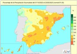 Mapa de lluvias acumuladas en España desde el 1 de octubre de 2022 al 23 de mayo de 2023.