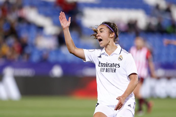 Nahikari Garcia of Real Madrid gestures during the Spanish Women Cup, Copa de la Reina, Semi Final 2 football match played between Real Madrid and Athletic Club de Bilbao at Municipal de Butarque stadium on May 24, 2023, in Leganes, Madrid, Spain.