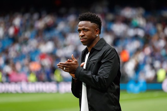 Vinicius Junior of Real Madrid saludates to the fans during the Spanish league, La Liga Santander, football match played between Real Madrid and Rayo Vallecano at Santiago Bernabeu stadium on May 24, 2023, in Madrid, Spain.