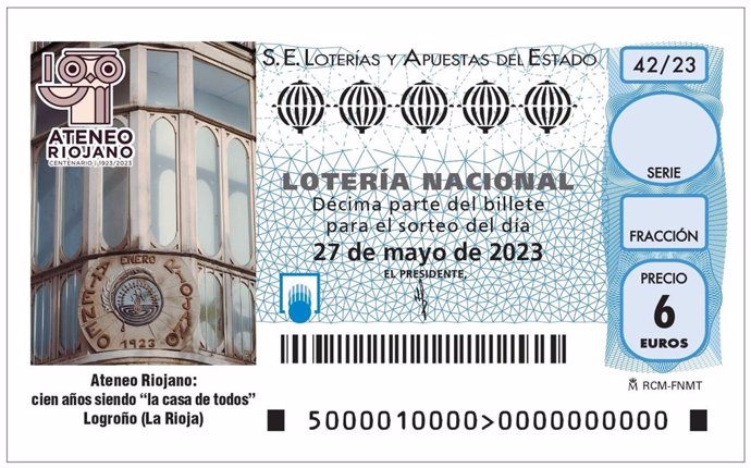 El centenario del Ateneo Riojano protagoniza el décimo de Lotería Nacional de este sábado