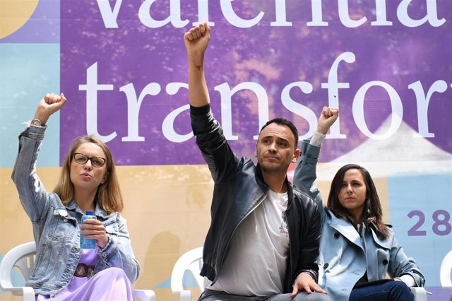 Alejandra Jacinto; la ministra de Derechos Sociales y Agenda 2030 y secretaria general de Podemos, Ione Belarra; la ministra de Igualdad, Irene Montero y el candidato de Podemos a la Alcaldía de Madrid, Roberto Sotomayor