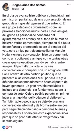 Diego Darias Dos Santos ha publicado hoy en su cuenta de Facebook un post en el que explica que no ha existido ninguna venta de votos