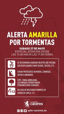Cartel informativo del aviso de alerta amarilla por tormetas en Cáceres.