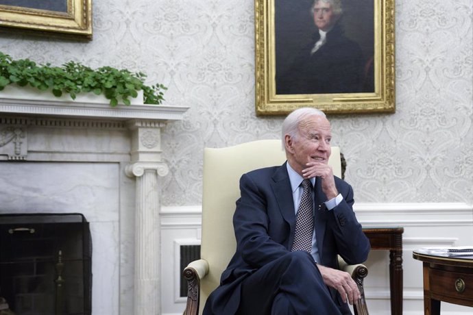 May 22, 2023, Washington, District of Columbia, USA: United States President Joe Biden sits during his meeting with Speaker of the US House of Representatives Kevin McCarthy (Republican of California), in the Oval Office of the White House in Washington