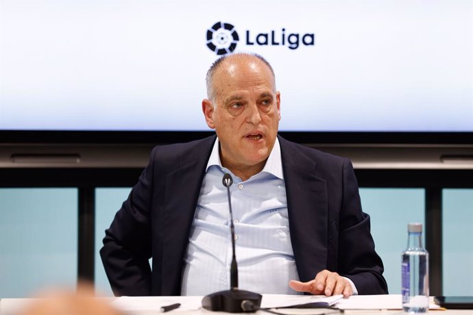 Javier Tebas, President of LaLiga, attends his press conference at headquarters of LaLiga on May 25, 2023, in Madrid, Spain.