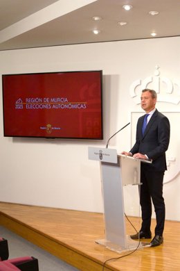 El consejero de Presidencia y portavoz del Gobierno regional, Marcos Ortuño, en rueda de prensa segundo avance de participación autonómicas