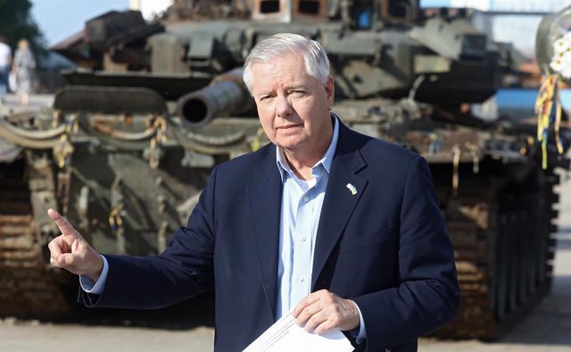 May 26, 2023, Kyiv, Ukraine: United States Senator LINDSEY GRAHAM holds a press conference in Mykhailivska Square. A United States delegation led by Republican Senator Graham of South Carolina met Ukrainian President Zelensky and other senior officials in