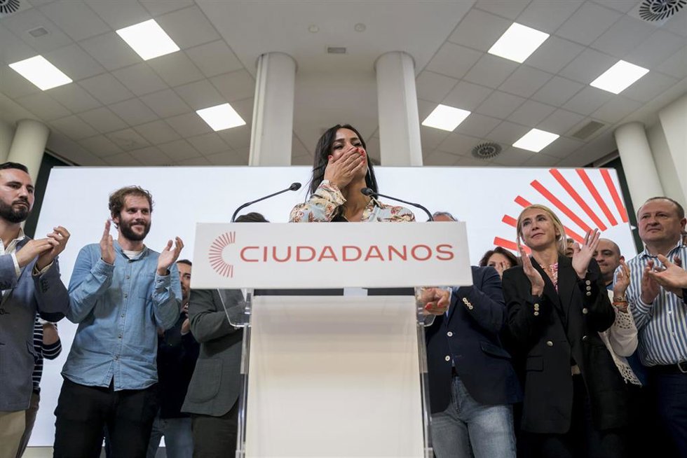 La candidata de Ciudadanos a la Alcaldía de Madrid, Begoña Villacís, comparece en una rueda de prensa durante el seguimiento de la jornada electoral en la sede nacional de Ciudadanos, a 28 de mayo de 2023, en Madrid (España).