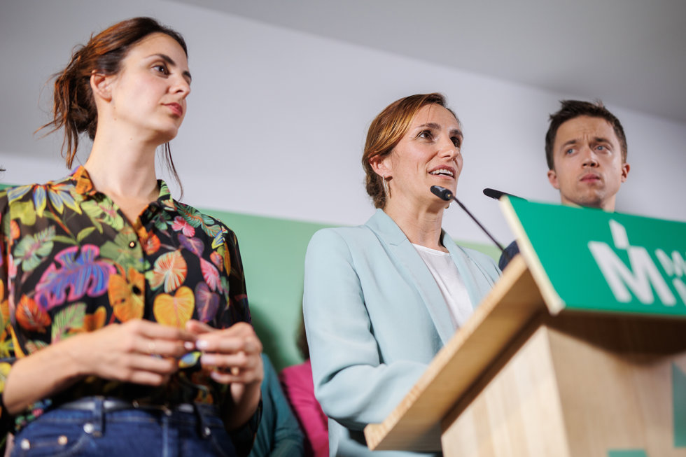 La candidata a la Alcaldía de Madrid, Rita Maestre; la candidata a la Presidencia de la Comunidad de Madrid, Mónica García, y el líder de Más País, Iñigo Errejón