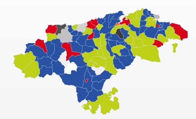 Mapa de municipios de Cantabria en función del partido vencedor