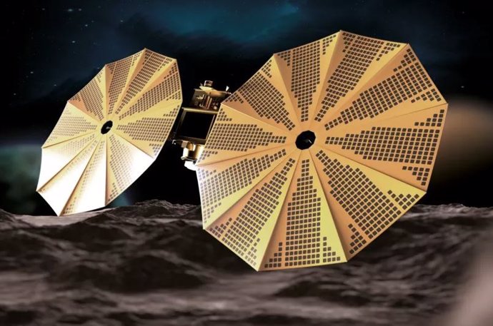 Impresión artística de la nave espacial de estudio de asteroides MBR Explorer de los Emiratos Árabes Unidos.