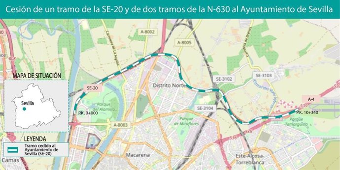 Tramo de la SE-20 cedido por el Ministerio de Transportes al Ayuntamiento de Sevilla tras la firma de un convenio el pasado 13 de marzo de 2022.