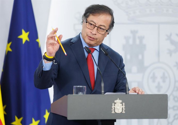El presidente de Colombia, Gustavo Petro, ofrece una rueda de prensa en el Palacio de la Moncloa, a 4 de mayo de 2023, en Madrid (España). El presidente del Gobierno ha mantenido un encuentro con Gustavo Petro y después, ha tenido lugar la firma de acue