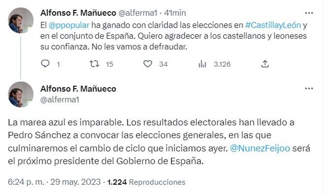 Mensajes de Alfonso Fernández Mañueco en Twitter sobre la convocatoria de elecciones generales para el 23 de julio.